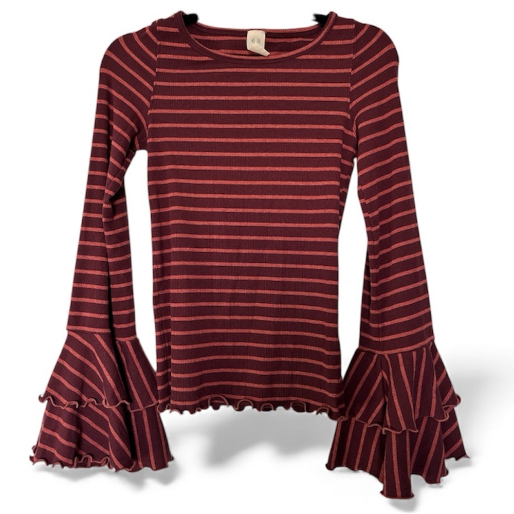 Free People Red Striped Ruffle Sleeve Top – Size S